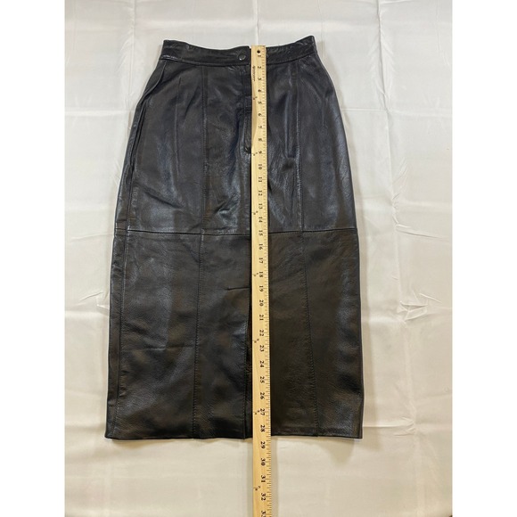Vintage Black Leather High Waisted Midi Pencil Skirt Button Fly Women Size 6 - Picture 6 of 7